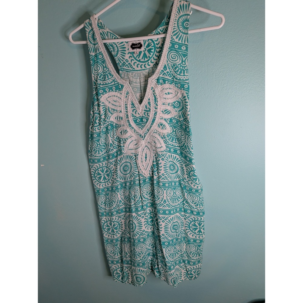 Mud Pie Teal White Medallion Crochet Lace V-Neck Racerback Tunic Top Small 4-6